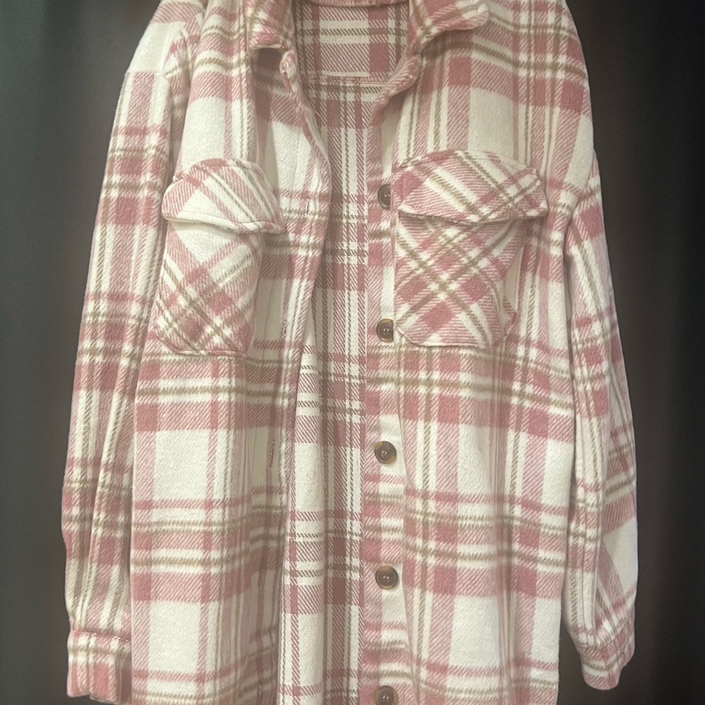 Women's Pink and White Plaid Utility Jacket